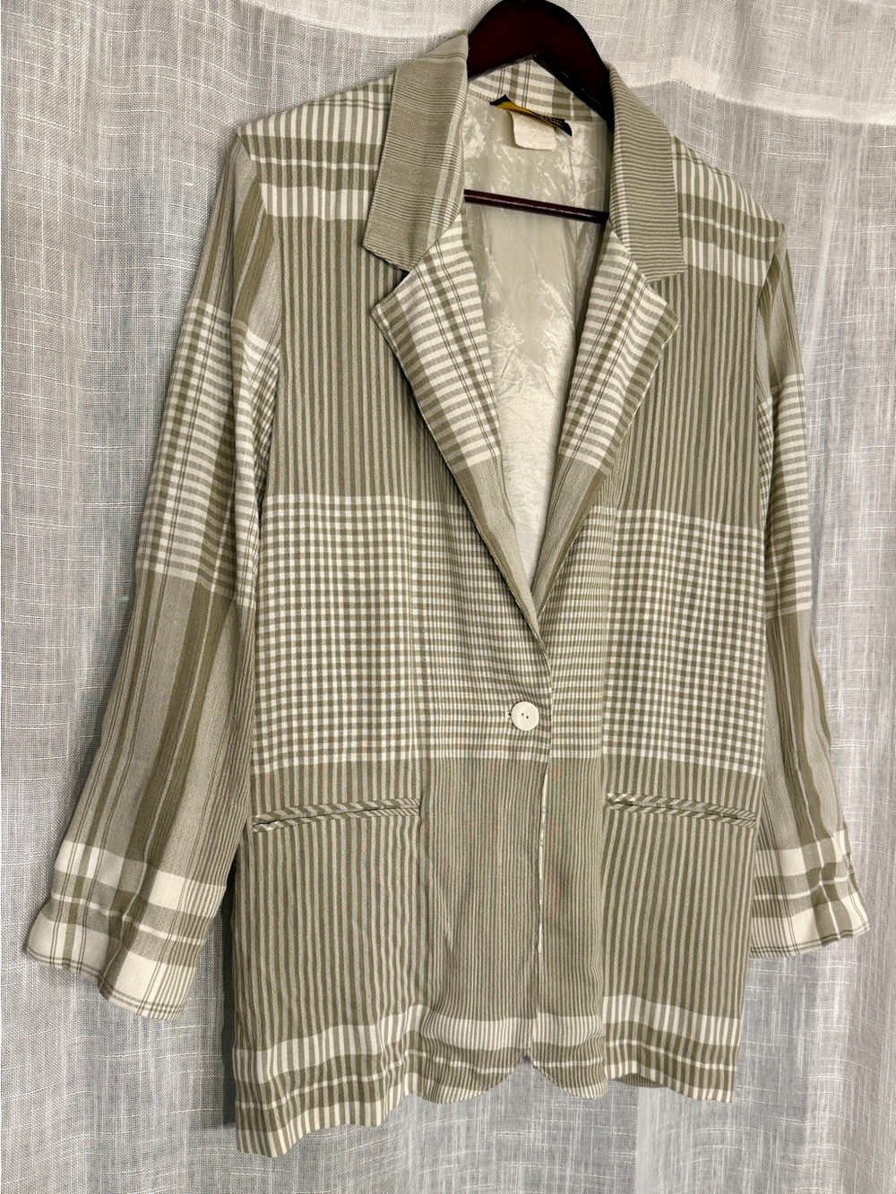 Womens Vintage Tan & White Plaid Single-Button Blazer Toni Garment for CC Magic